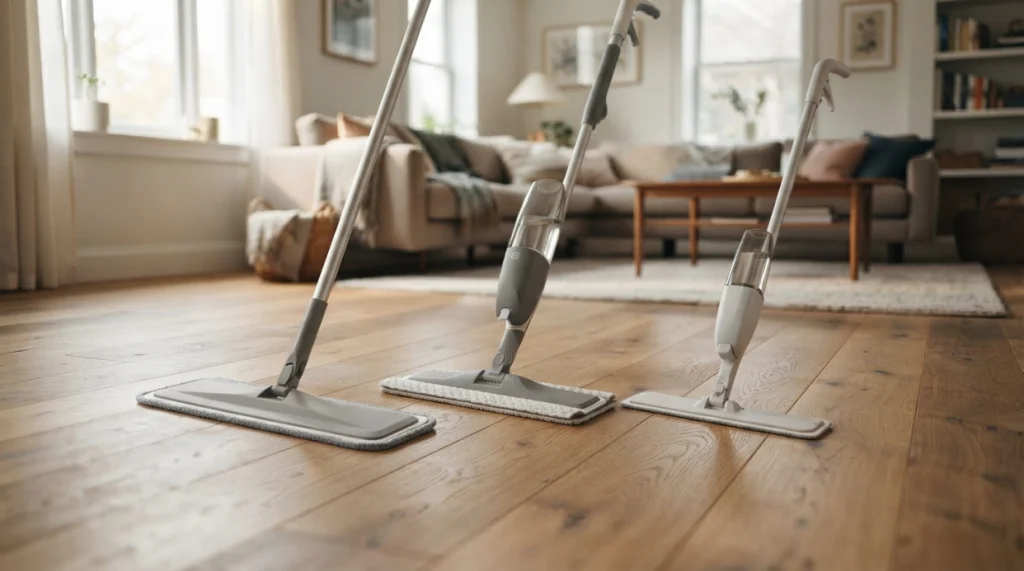 Three spray mops for wooden floors showing reusable, refillable, and disposable designs