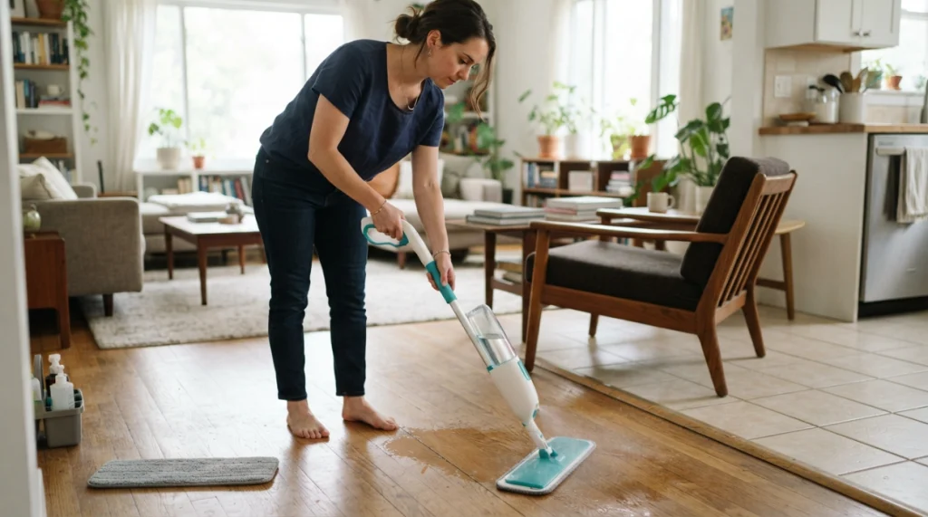 Homeowner testing a spray mop’s fine mist, microfiber pad, refill bottle, and swivel head