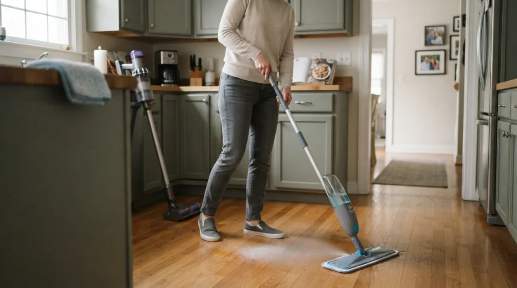 Person learning how to use a spray mop with light mist and overlapping floor-cleaning passes