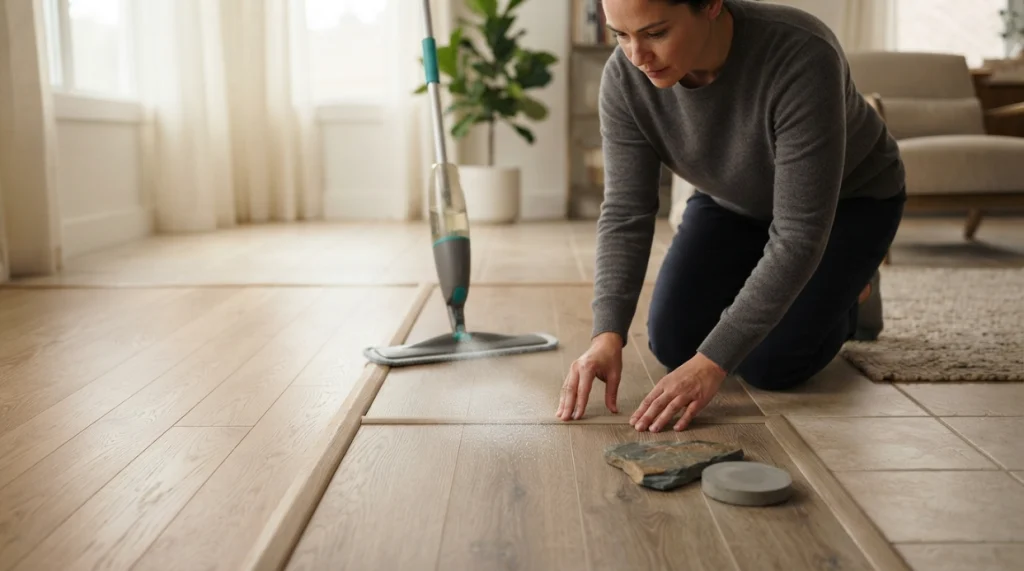 Spray mop beside hardwood, laminate, vinyl, tile, stone, and concrete floor surfaces