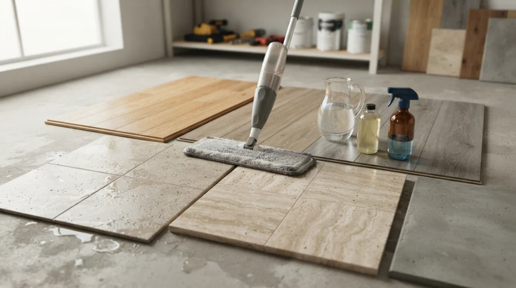 Spray mop cleaners beside hardwood, laminate, vinyl, tile, stone, and sealed concrete samples