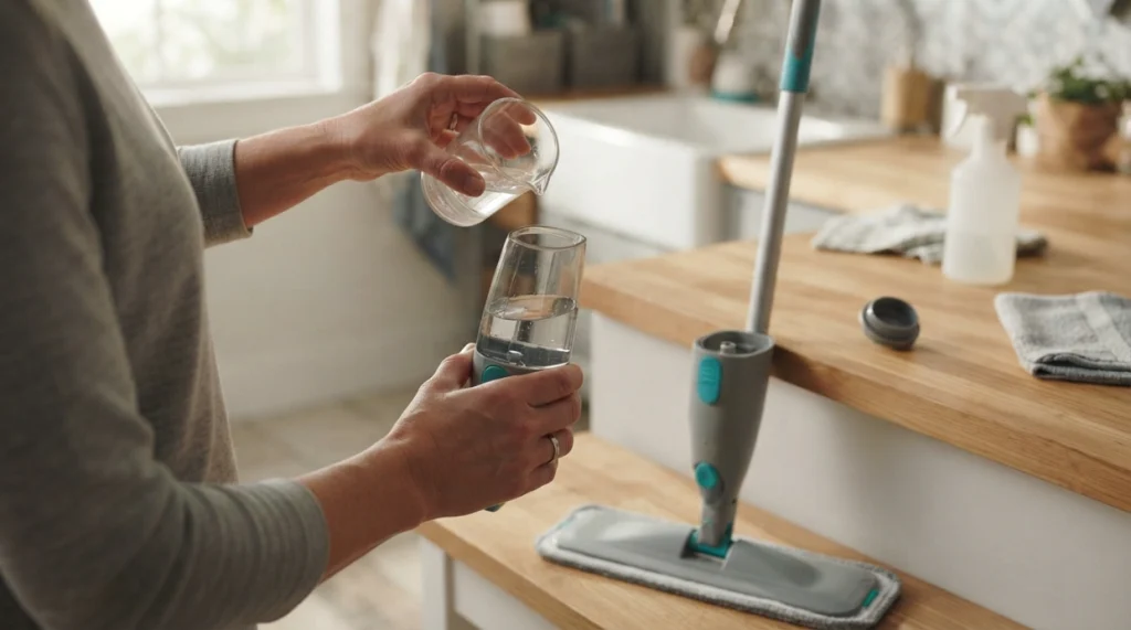 Refillable spray mop reservoir being filled with room-temperature water