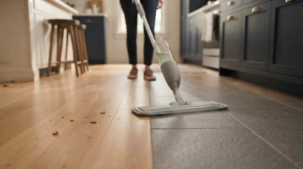 Spray mop using controlled moisture across sealed wood and tile kitchen flooring.