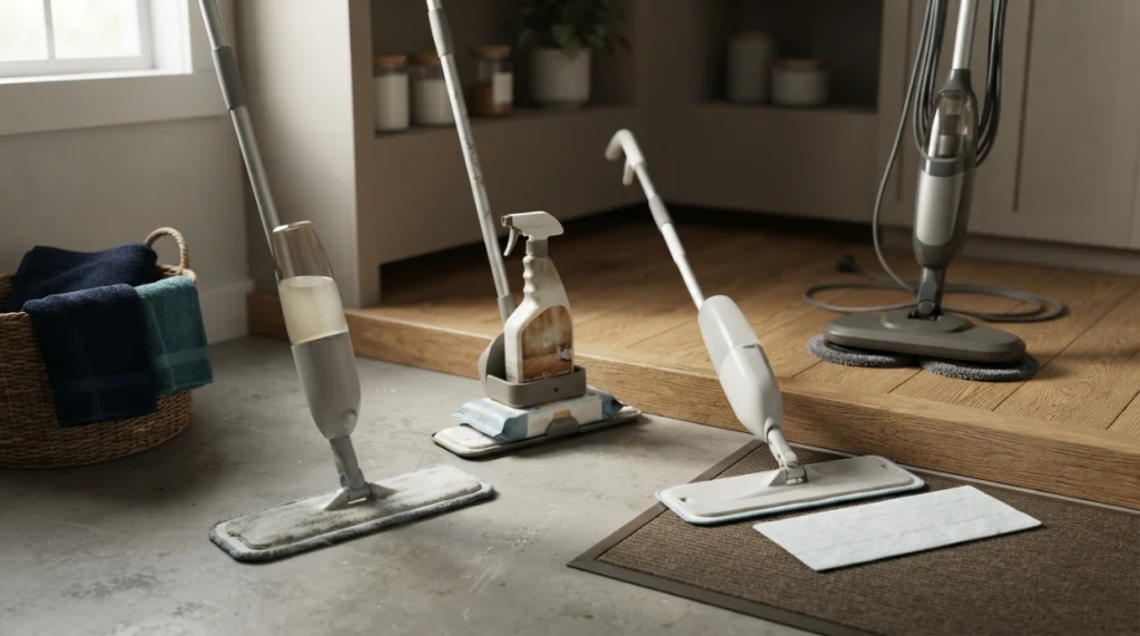 Four spray mop types including refillable, disposable, floor-specific, and electric models