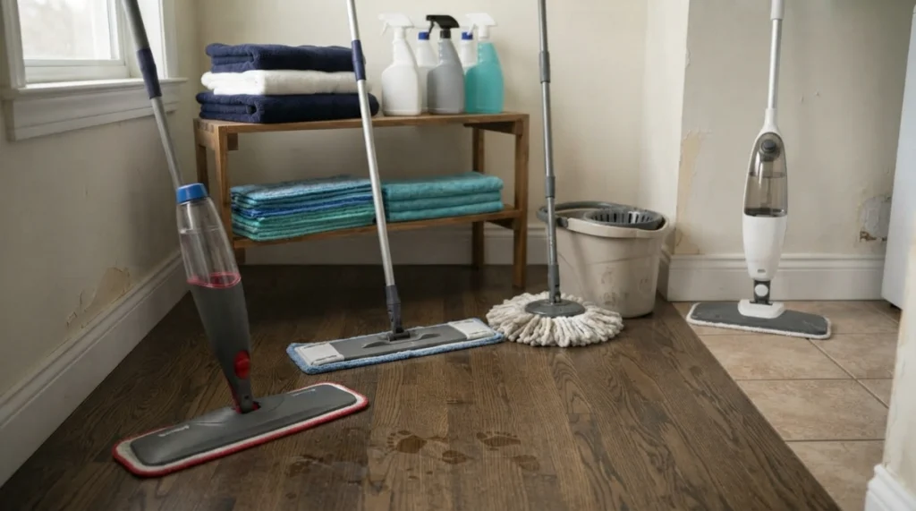Spray mop, flat mop, spin mop, and steam mop shown for different household cleaning tasks