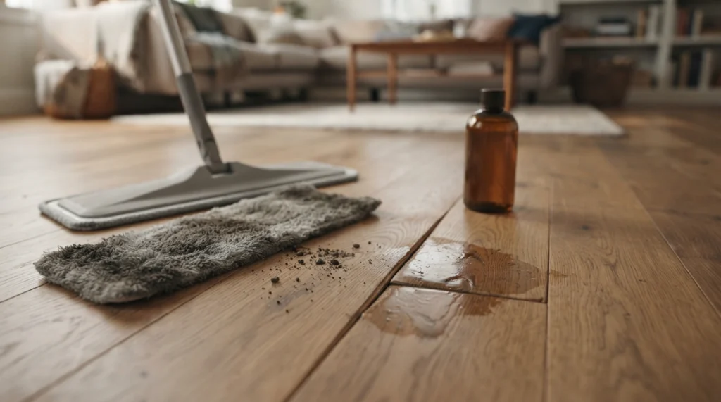 Spray mop mistakes on wooden floors including overspray, dirty pads, grit, and excess cleaner