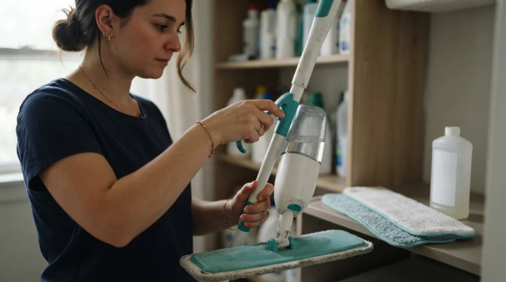 Person inspecting spray mop joints, refill bottle, washable pads, and replacement components for value