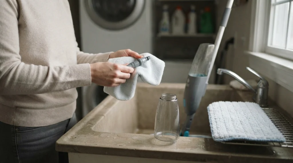 Spray mop maintenance with clean microfiber pad, empty reservoir, and nozzle inspection