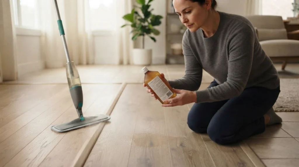 Spray mop and separate disinfectant illustrating routine cleaning versus floor disinfection