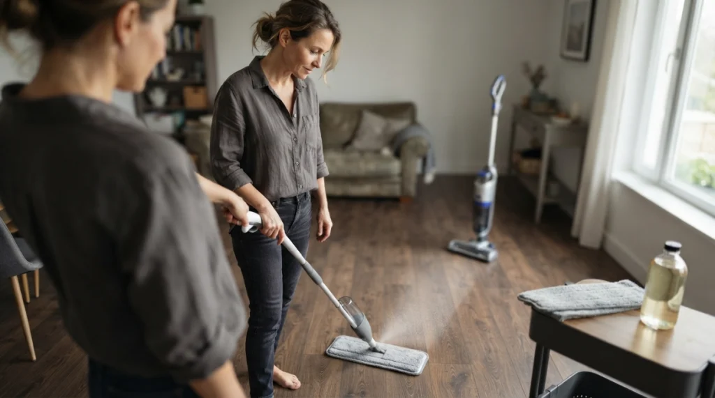 Person lightly spray mopping a clean floor after vacuuming with a fresh microfiber pad