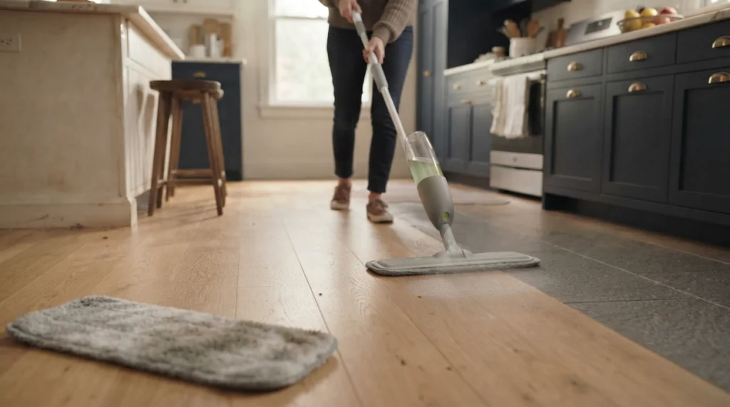 Spray mop using a clean microfiber pad and light mist to prevent kitchen floor streaks.