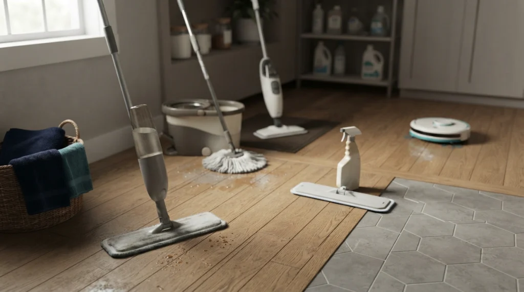 Spray mop beside spin, steam, flat microfiber, and robot mops for comparison