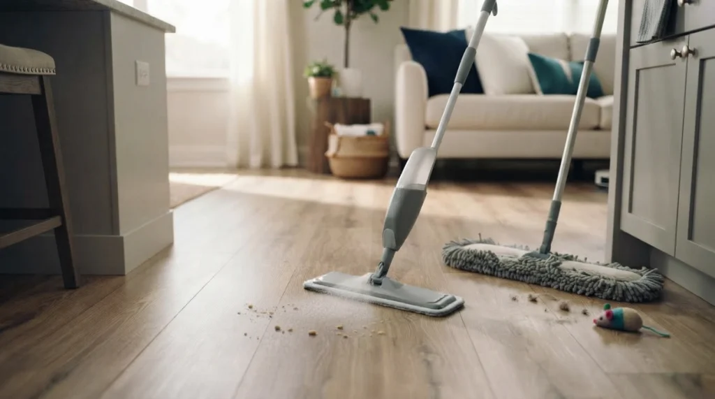 Spot cleaning laminate flooring with a spray mop in a busy household