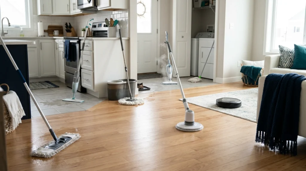Seven mop types shown for different cleaning jobs when choosing the best mop for home use