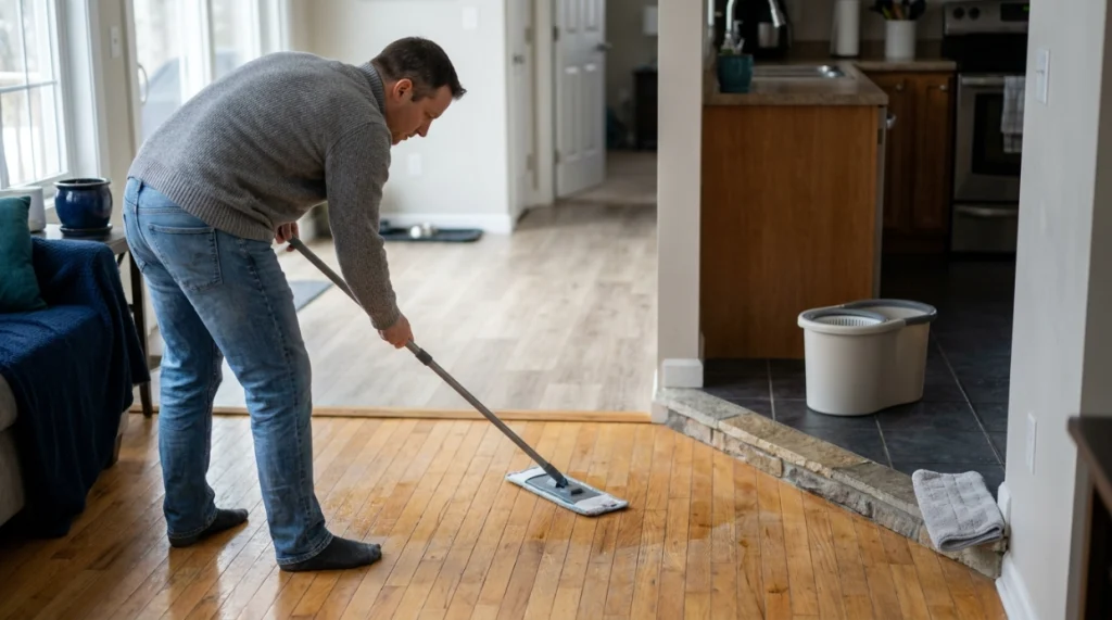 Homeowner using microfiber on hardwood with tile and vinyl floors visible nearby