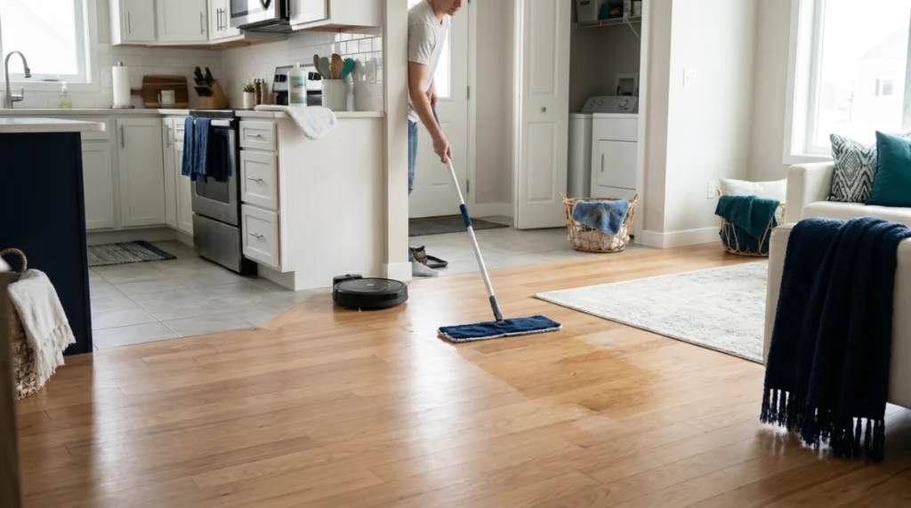 Person using a damp microfiber mop carefully to prevent streaks and floor damage