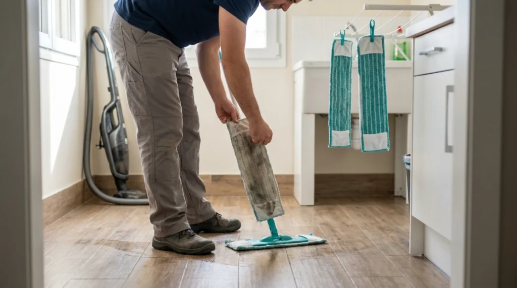 Person changing and drying a reusable microfiber mop pad after cleaning a household floor.