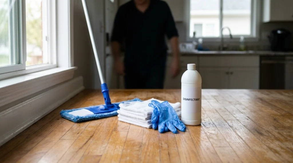 Targeted floor disinfection setup with clean microfiber mop, gloves and household disinfectant.