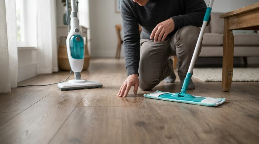 Steam mop beside microfiber mop on laminate flooring, highlighting moisture risk near plank joints