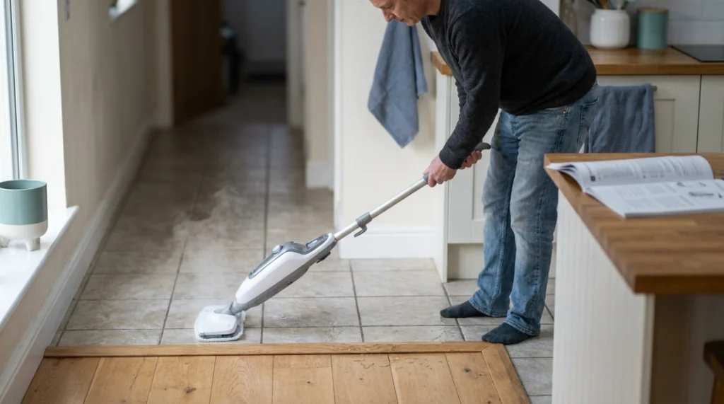 Steam mop stopped at a tile-to-wood threshold to avoid excess heat and moisture exposure.