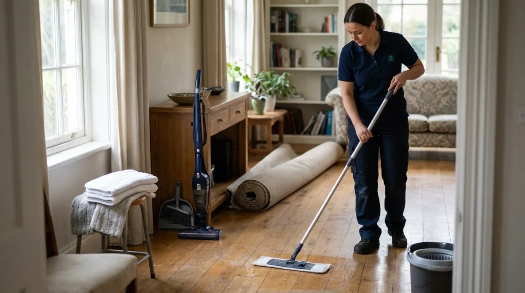 Cleaner follows professional mopping steps with microfiber mop, clean pads, and controlled moisture