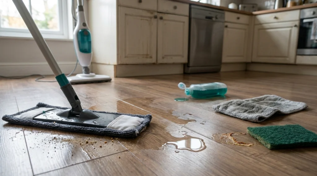 Wet mop, grit, dirty pad, spill, and excess cleaner showing common laminate floor cleaning mistakes