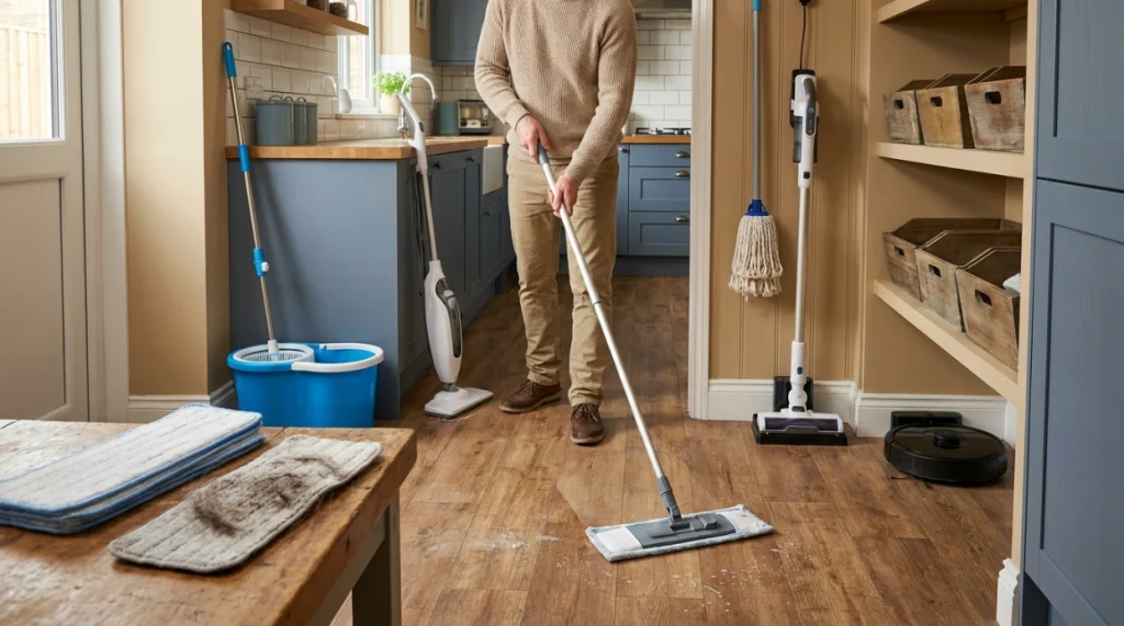 Microfiber, spin, steam, string, electric, and robot mops arranged for catch-up floor cleaning.