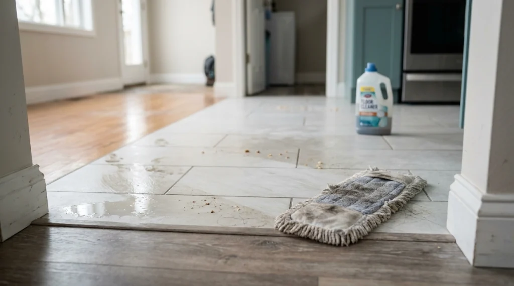 Gray mop pad, floor streaks, crumbs, and residue illustrating common daily mopping mistakes.