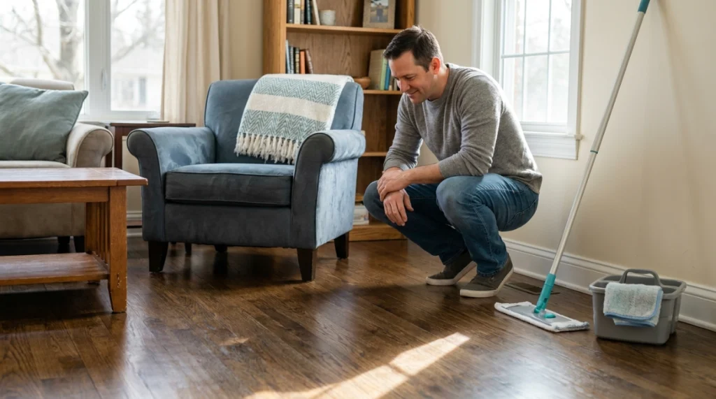 Homeowner inspecting a clean, dry floor with no haze, puddles, streaks, or loose grit.