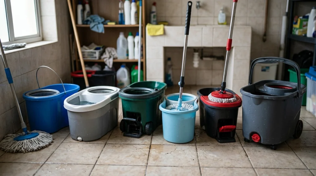 Six types of spin mop buckets including single, dual, pedal, rinse, and wheeled designs