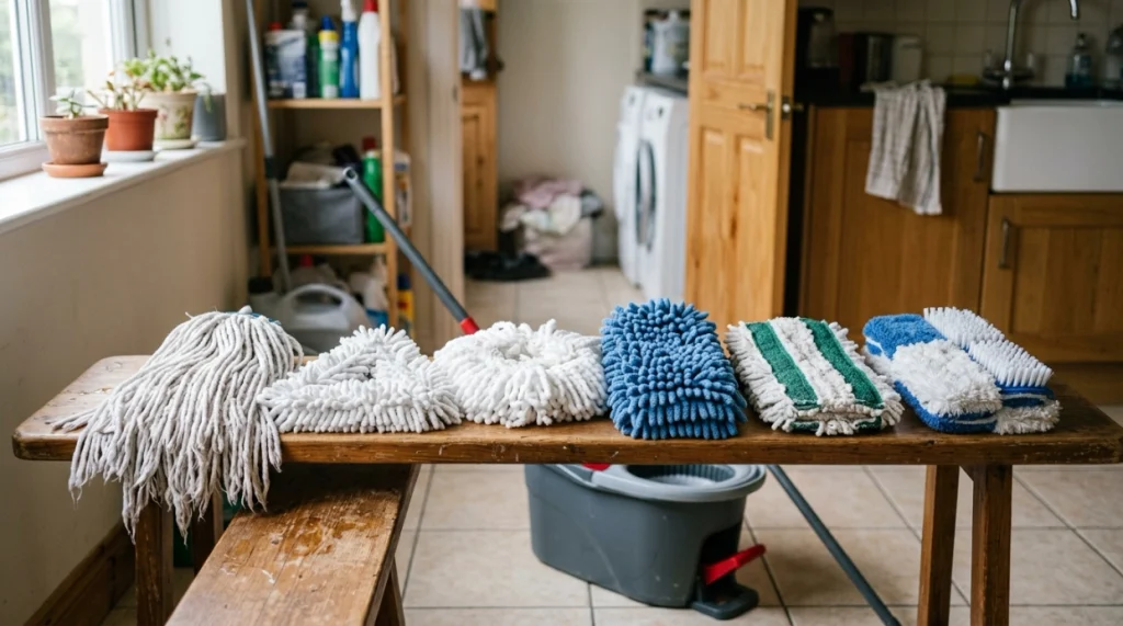 Six types of spin mop heads including microfiber, triangular, round, chenille and scrubber styles
