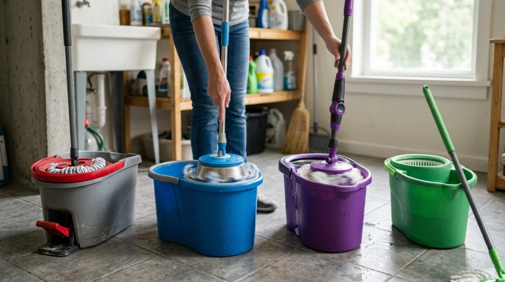 Foot-pedal, push-down, handle-activated, and manual spin mop wringers shown together