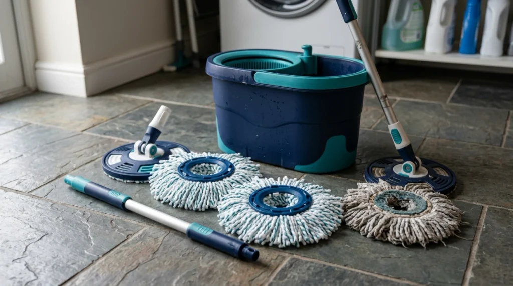 Replacement spin mop heads, handle, base, and original bucket arranged for maintenance
