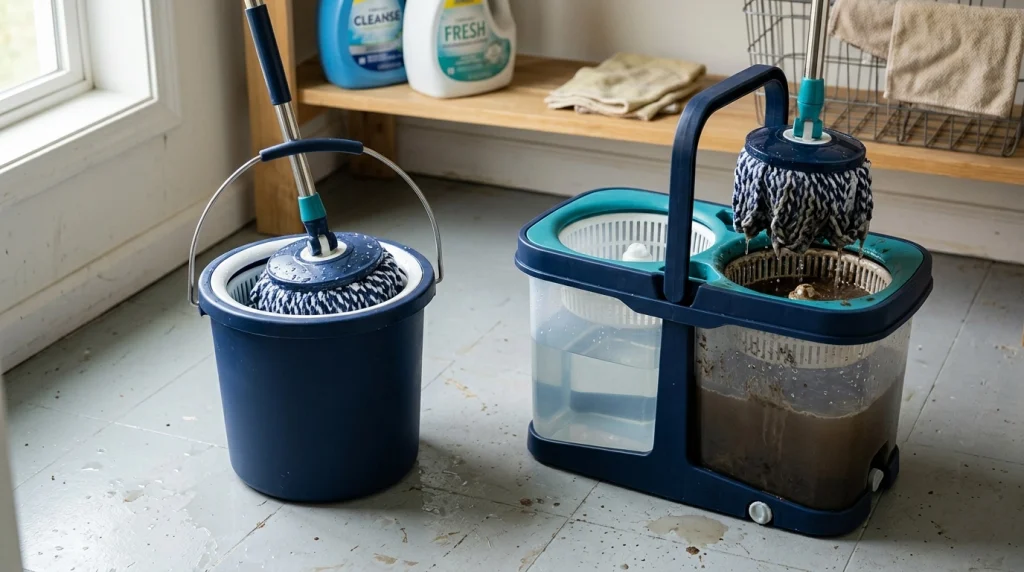 Single and dual bucket spin mop systems showing size and water-separation differences