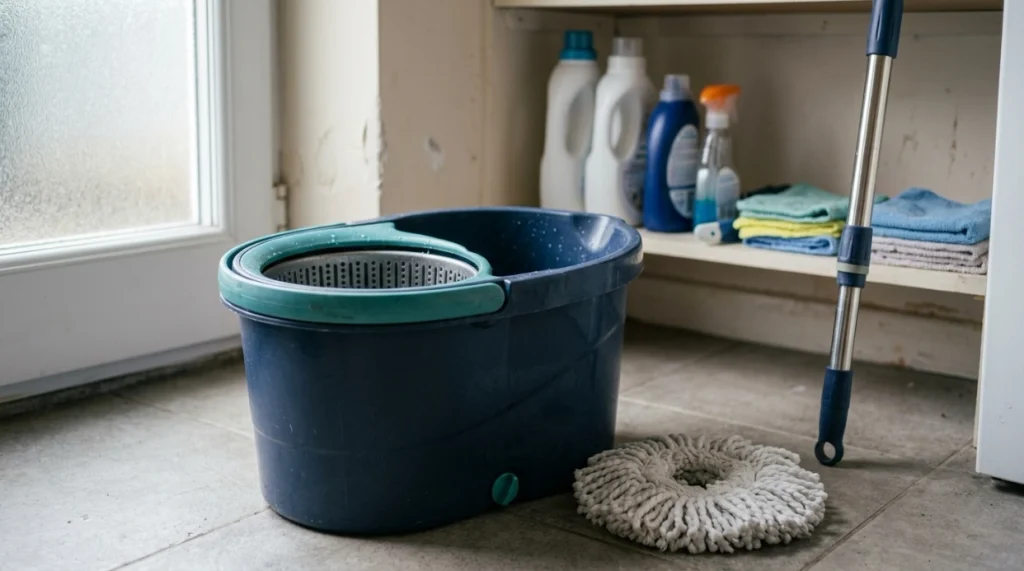 Spin mop bucket showing stable wringer, carry handle, drain plug and replacement microfiber head