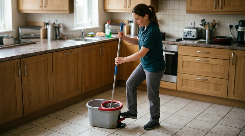 How does a spin mop bucket work: fill, rinse, spin, wring, and mop in sequence.