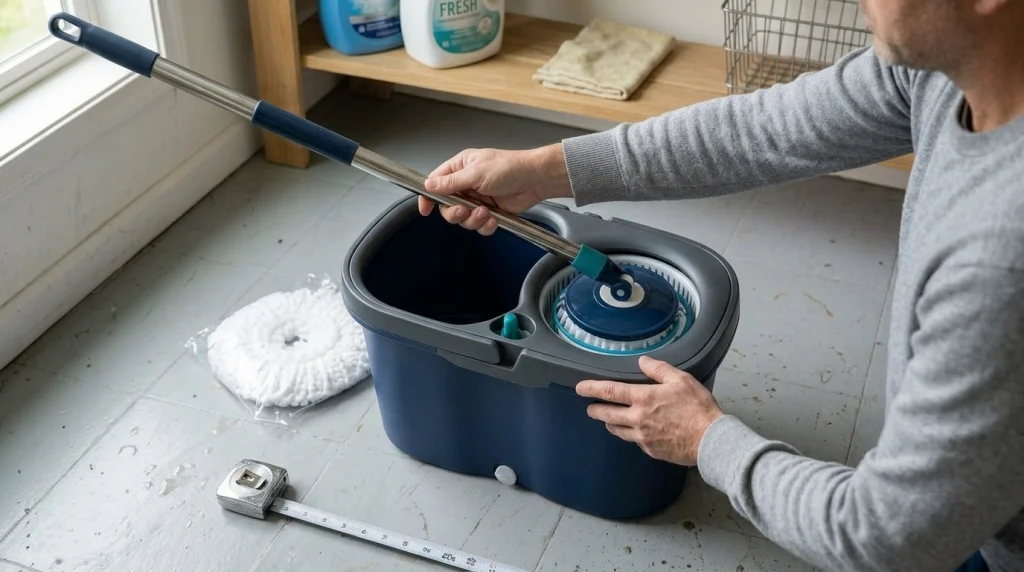 Homeowner checking spin mop wringer, handle, drain plug, spare head and bucket design