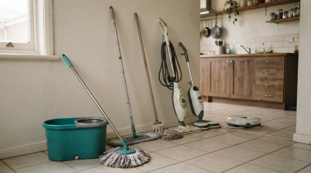Spin mop beside flat, string, steam, electric spin, and robot mops in a home utility room