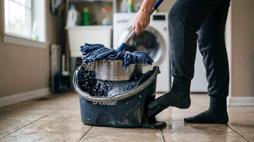 Foot pedal spinning a wet microfiber mop inside a perforated spin mop wringer basket