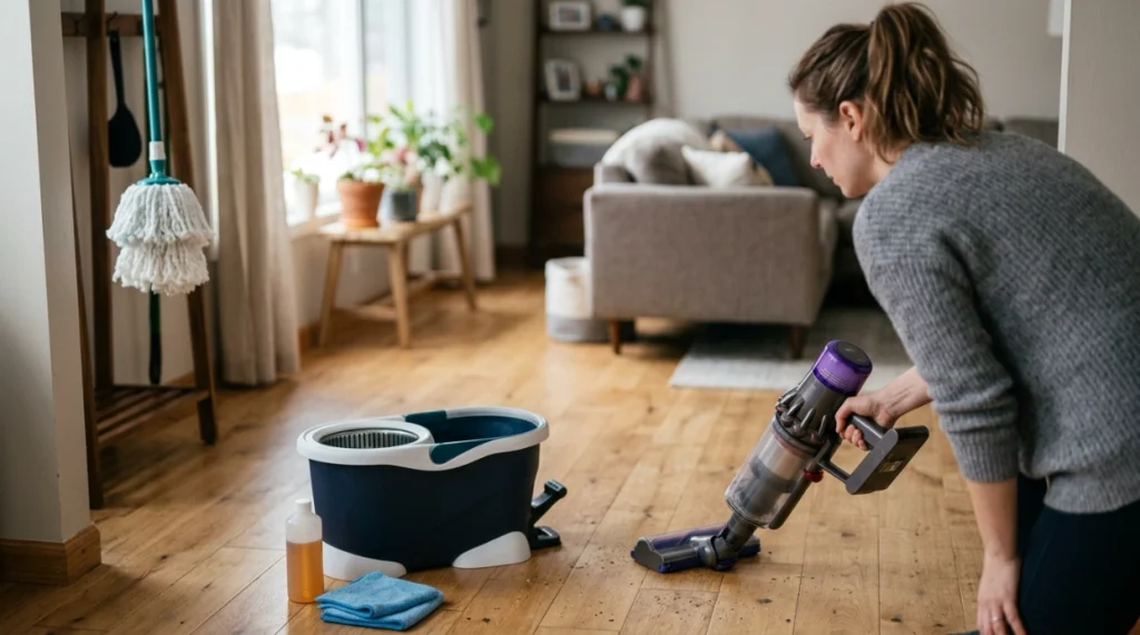 Safe types of spin mops routine with sweeping, wringing, compatible cleaner, and drying