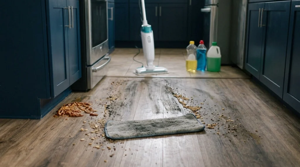 Dirty mop pad, crumbs, excess water, and kitchen floor cleaning mistakes