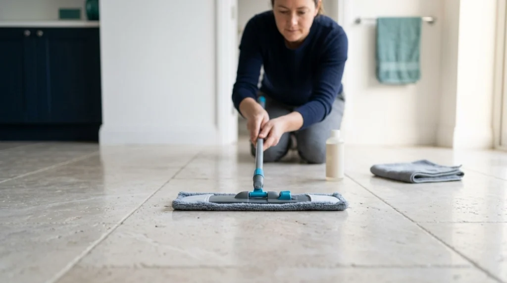 What is the best mop for tile floors? Soft microfiber mop cleaning natural stone with controlled moisture.