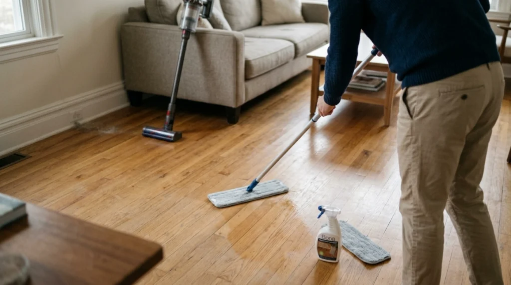 Microfiber flat mop cleaning hardwood with controlled moisture and minimal cleaning solution.