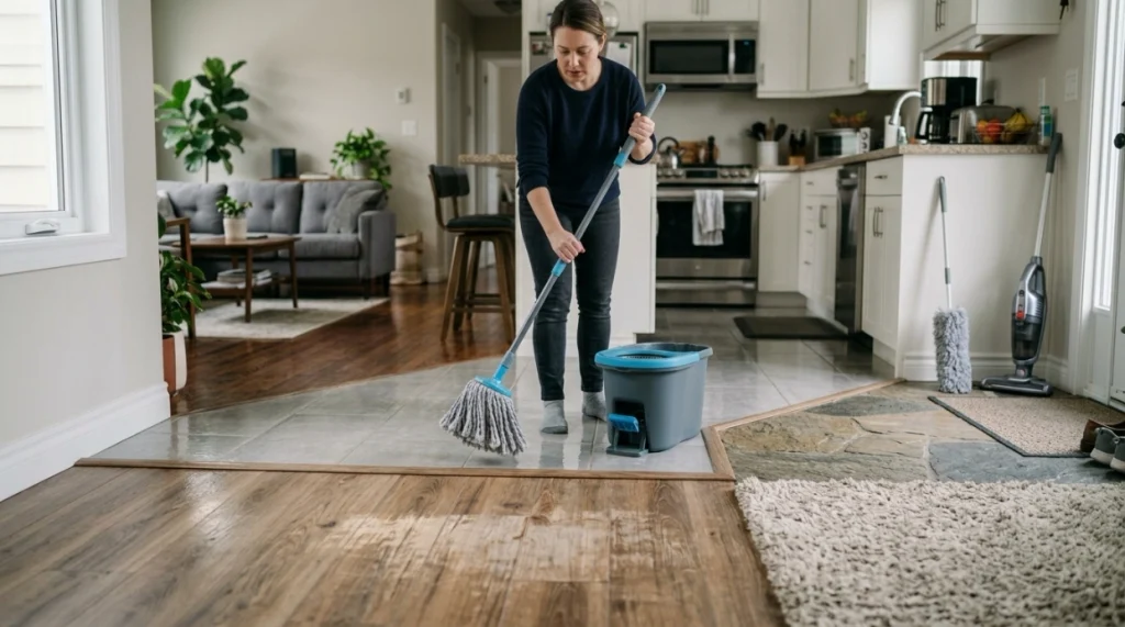 Spin mop kept away from unsealed wood, damaged laminate, and carpeted flooring