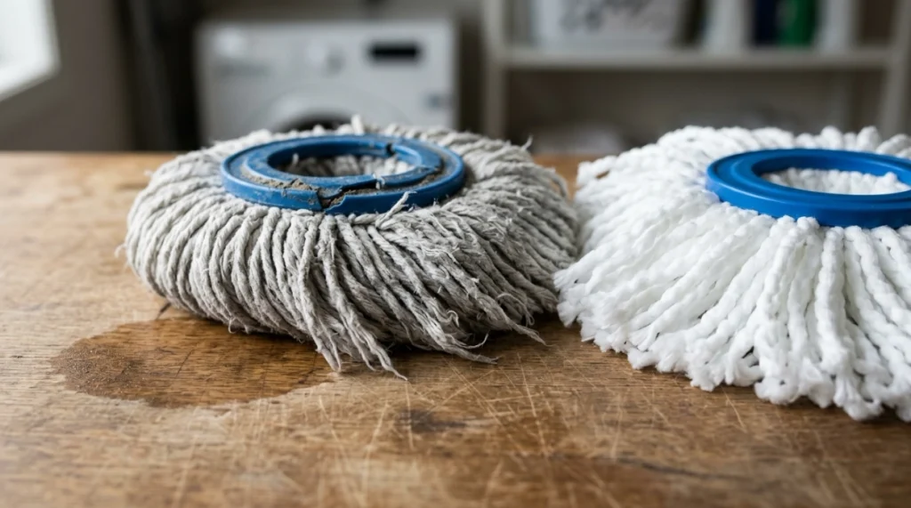 Worn spin mop head with flattened fibers, fraying and stains beside a fresh replacement