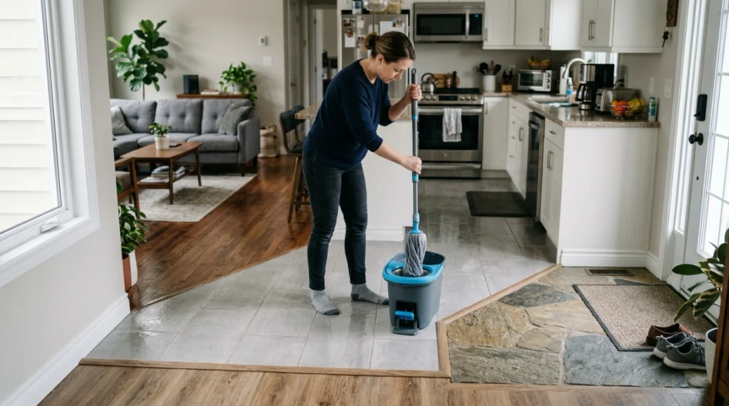 Spin mop used carefully across tile, vinyl, laminate, wood, stone, and sealed hard floors