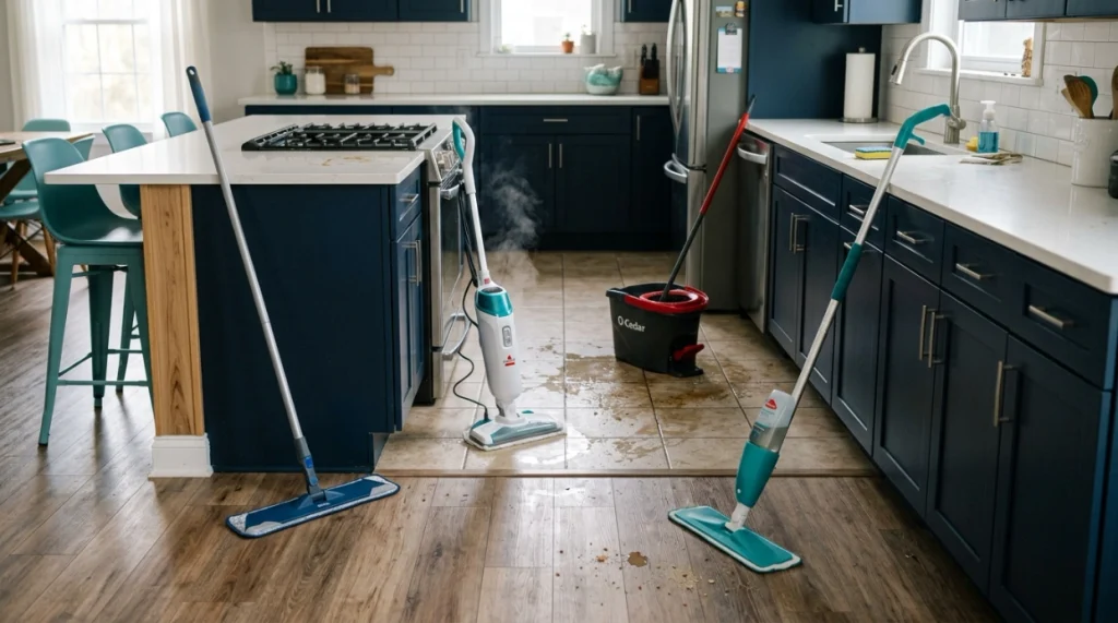 Microfiber, steam, spin, and flat mops compared for kitchen floor cleaning