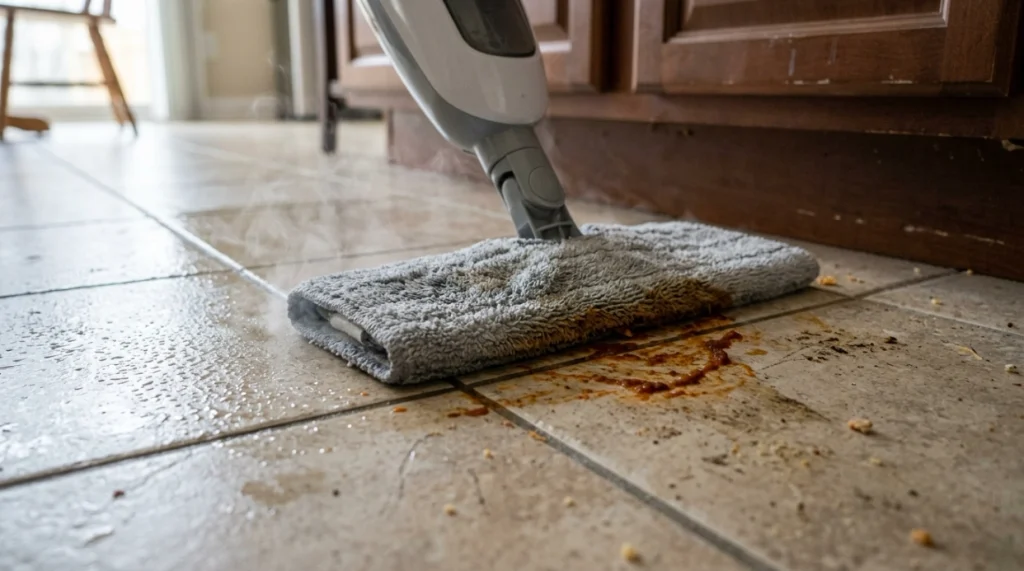 Steam mop loosening dried sticky residue from a sealed kitchen tile floor.