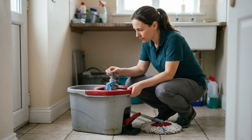 How does a spin mop bucket work when hair, friction, pedal issues, or misalignment stop the spinner.