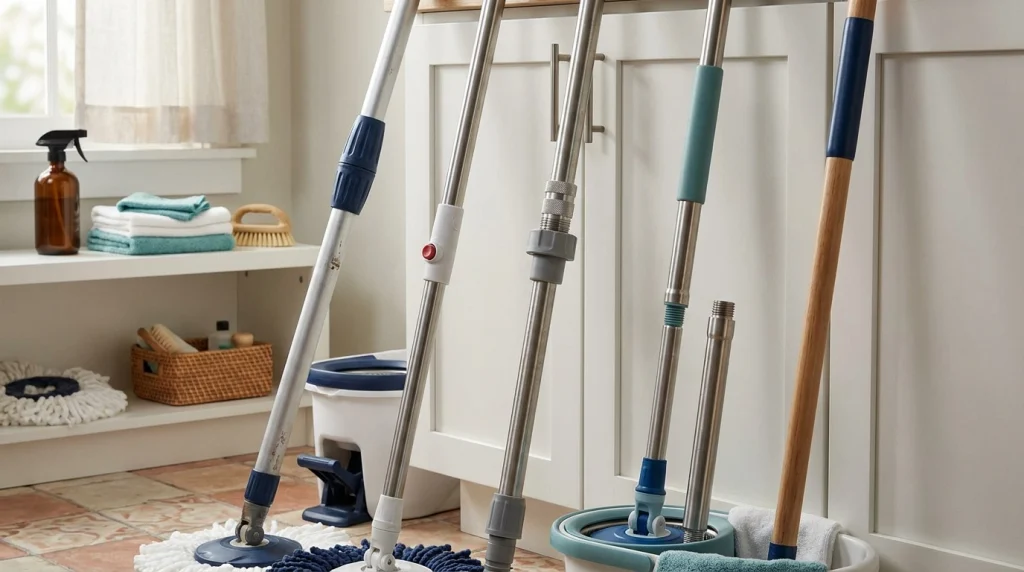 Twist-lock, push-button, threaded, modular, and fixed spin mop handles arranged in a home utility room.